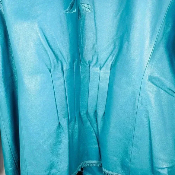 Vintage Terry Lewis Size Large Leather Coat Embroidered Eyelet Ruffle Teal - Picture 13 of 16